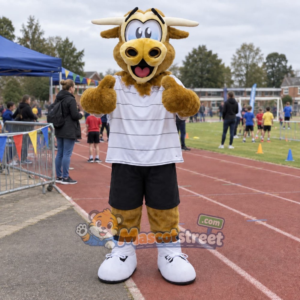 Brown Bull Mascot Costume with White Striped Shirt and Black Shorts