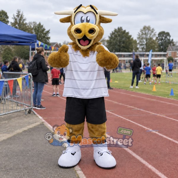 Brown Bull Mascot Costume with White Striped Shirt and Black Shorts