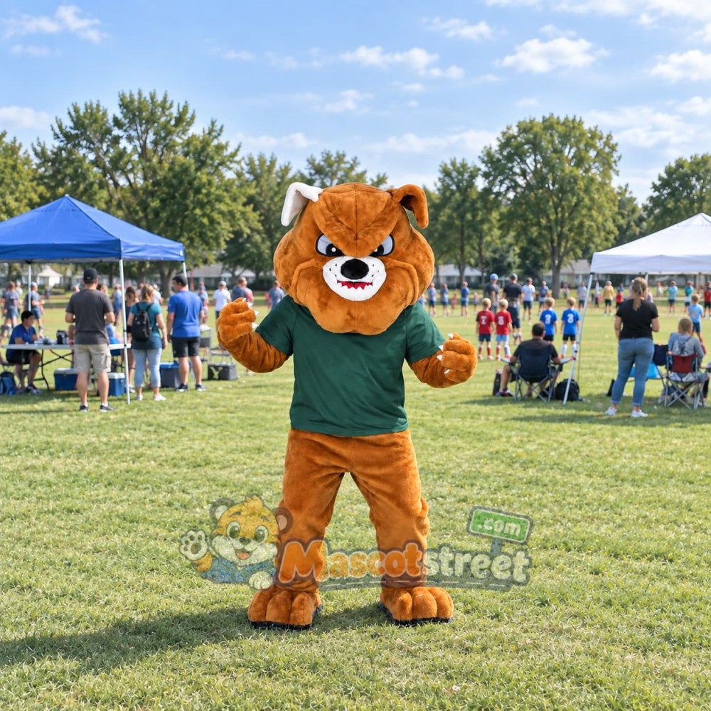 Brown Bulldog Mascot Costume with Green Shirt