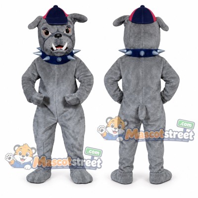 Gray Bulldog Mascot Costume with Blue Collar and Plaid Cap Gray Bulldog Mascot Costume with Blue Collar and Plaid Cap