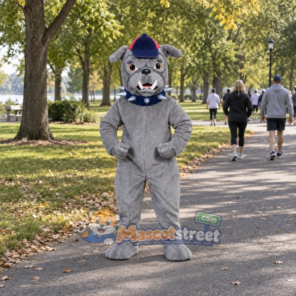 Gray Bulldog Mascot Costume with Blue Collar and Plaid Cap