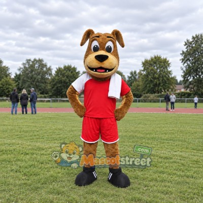 Brown Dog Mascot Costume with Red Sports Uniform