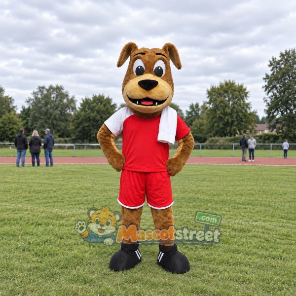 Brown Dog Mascot Costume with Red Sports Uniform