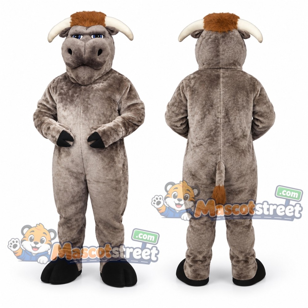 Gray Bull Mascot Costume with Brown Cap