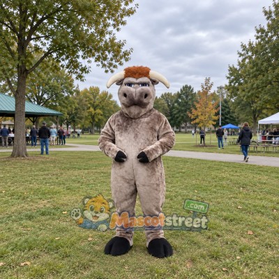 Gray Bull Mascot Costume with Brown Cap