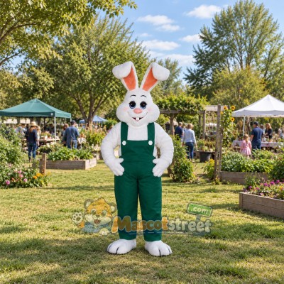 White Rabbit Mascot Costume with Green Overalls