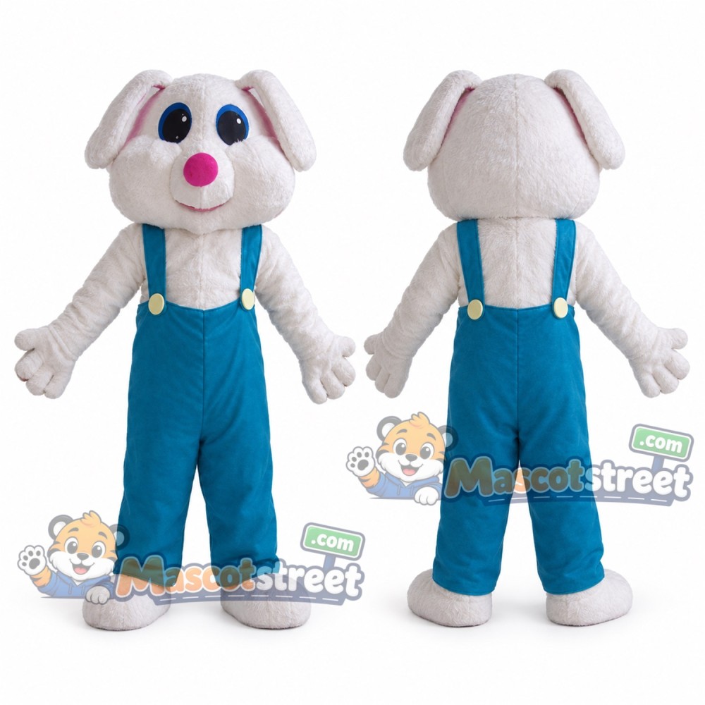 White Rabbit Mascot Costume with Blue Overalls