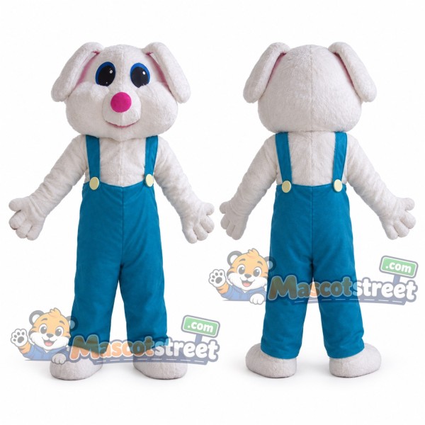 White Rabbit Mascot Costume with Blue Overalls