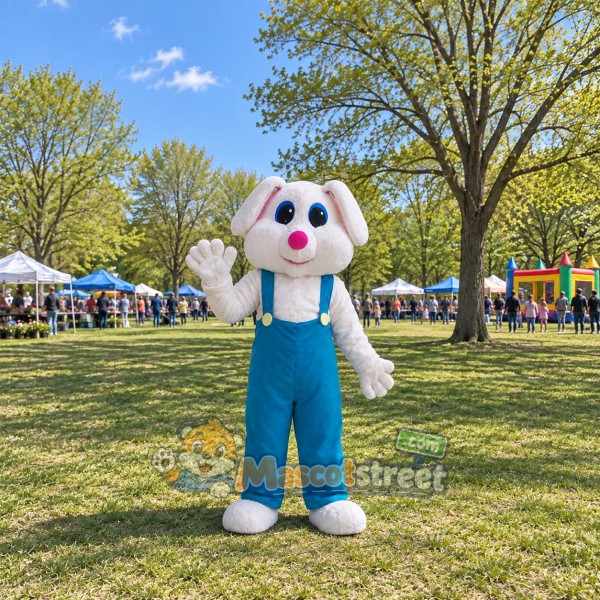 White Rabbit Mascot Costume with Blue Overalls