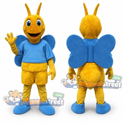 Yellow Butterfly Mascot Costume with Blue Shirt