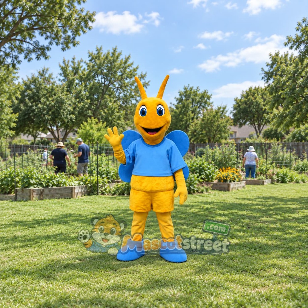 Yellow Butterfly Mascot Costume with Blue Shirt