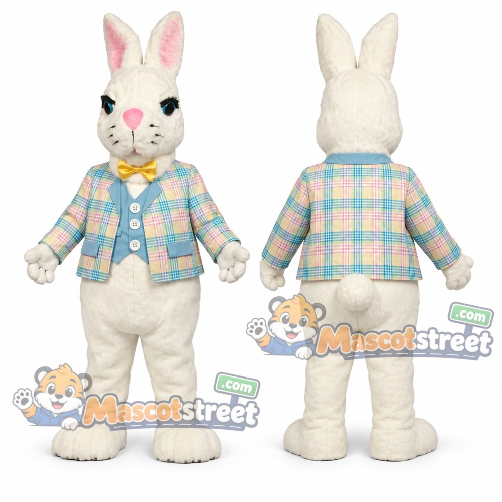 White Rabbit Mascot Costume with Pastel Plaid Shirt
