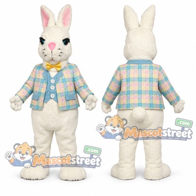 White Rabbit Mascot Costume with Pastel Plaid Shirt