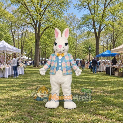 White Rabbit Mascot Costume with Pastel Plaid Shirt