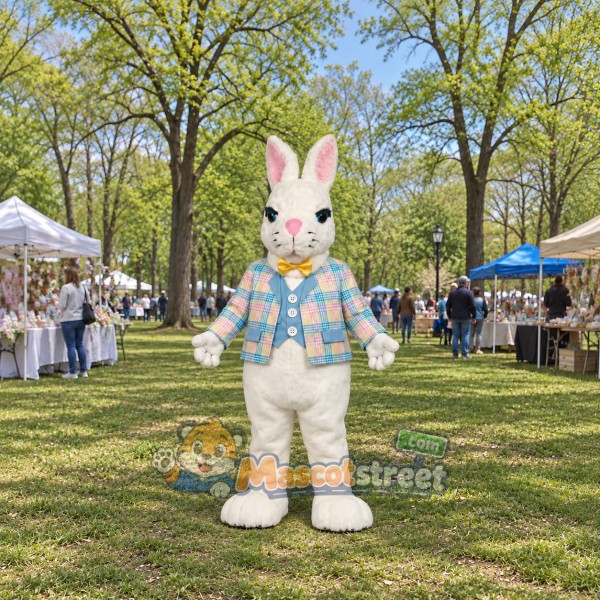 White Rabbit Mascot Costume with Pastel Plaid Shirt