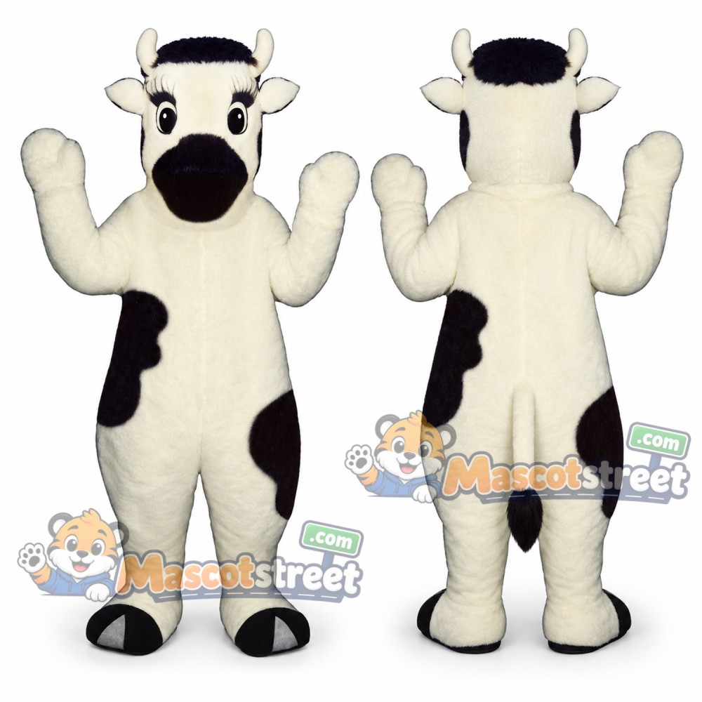 Black and White Cow Mascot Costume with Bowler Hat Black and White Cow Mascot Costume with Bowler Hat