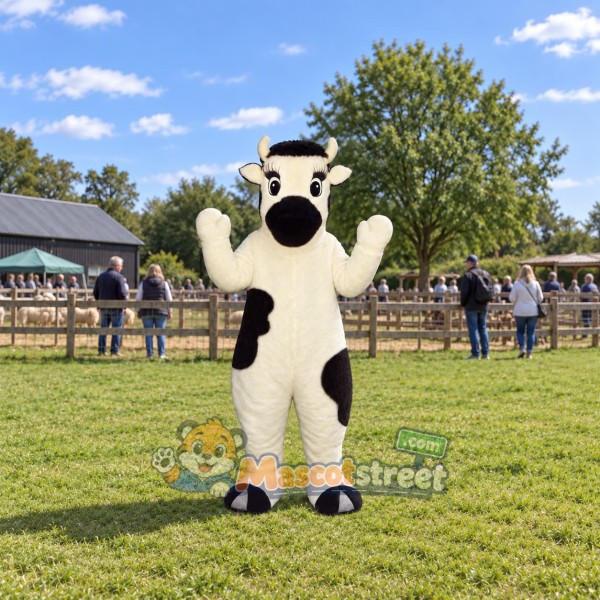 Black and White Cow Mascot Costume with Bowler Hat
