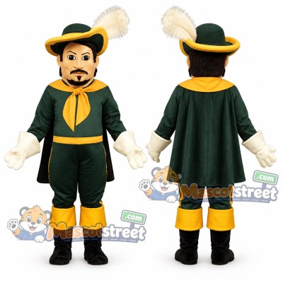 Cavalier Mascot Costume with Green Outfit and Feathered Hat Cavalier Mascot Costume with Green Outfit and Feathered Hat