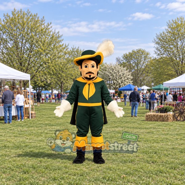 Cavalier Mascot Costume with Green Outfit and Feathered Hat