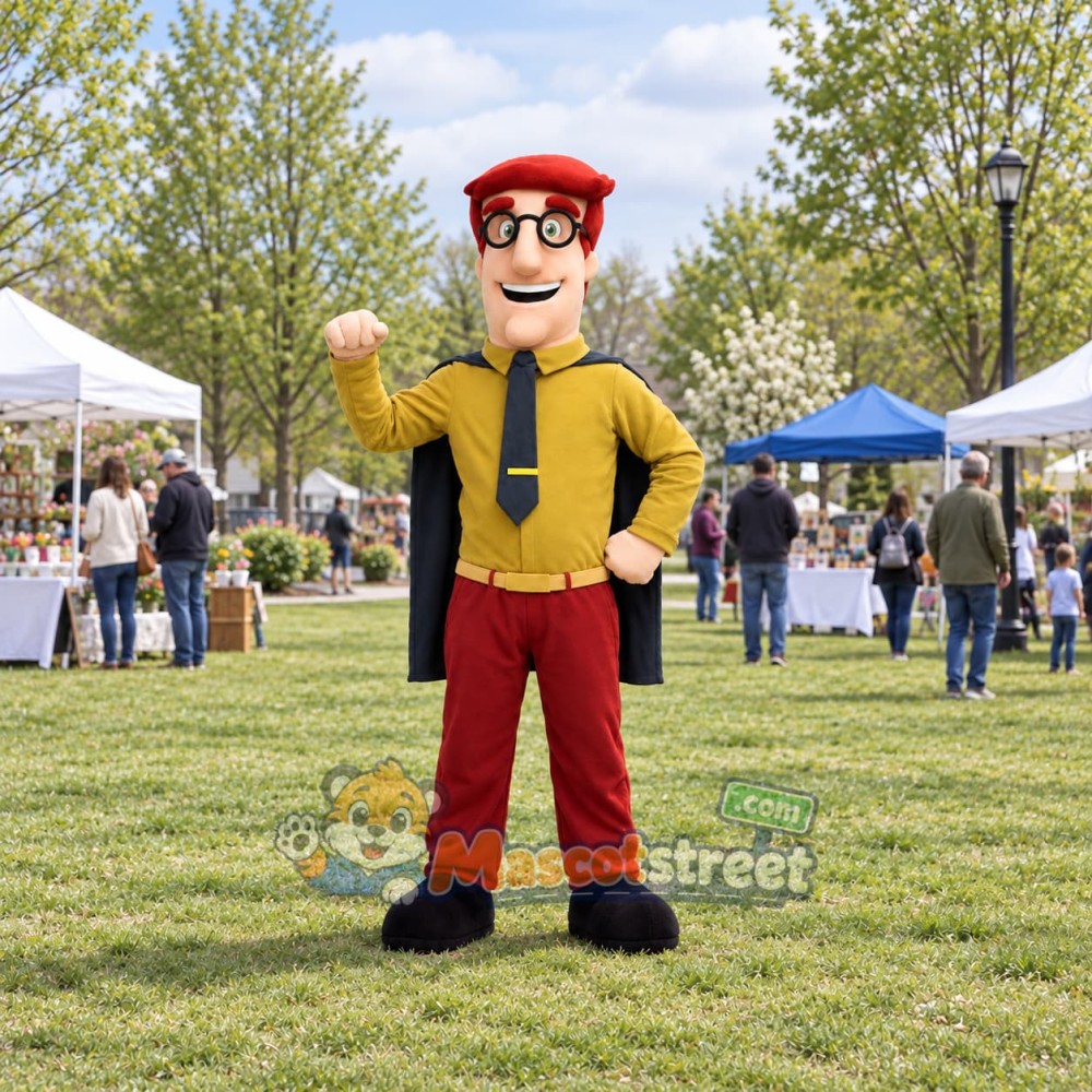 Superhero Mascot Costume with Yellow Shirt, Red Pants and Black Cape