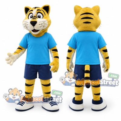 Yellow Tiger Mascot Costume with Blue Shirt and Navy Shorts