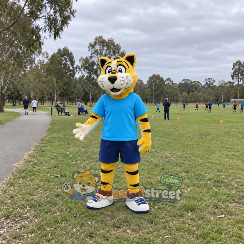 Yellow Tiger Mascot Costume with Blue Shirt and Navy Shorts