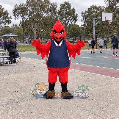 Red Cardinal Mascot Costume with Navy Sports Shirt