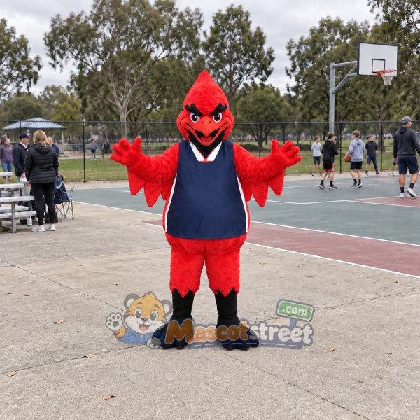 Red Cardinal Mascot Costume with Navy Sports Shirt