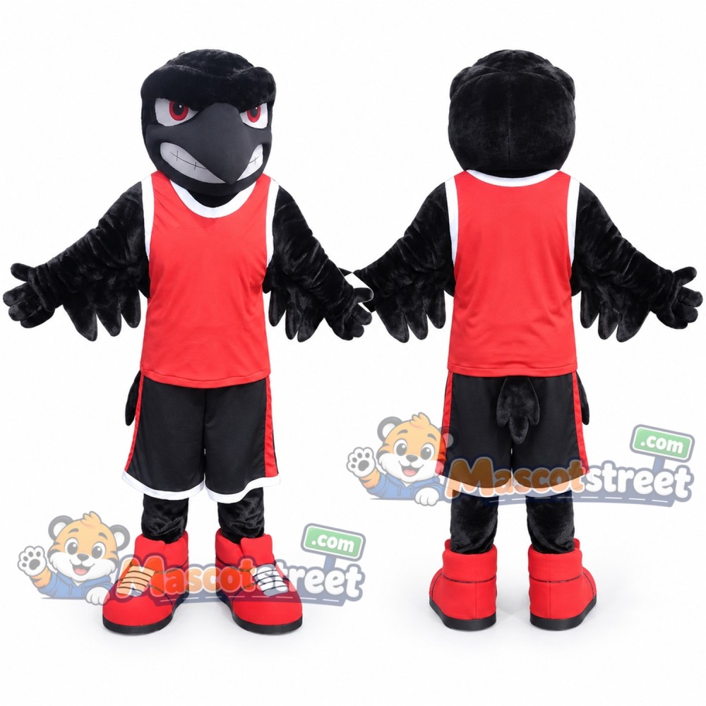 Black Raven Mascot Costume with Red Shirt and Black Shorts Black Raven Mascot Costume with Red Shirt and Black Shorts