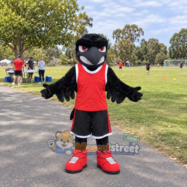 Black Raven Mascot Costume with Red Shirt and Black Shorts