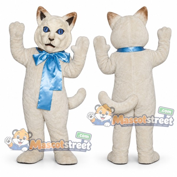 White Cat Mascot Costume with Blue Bow Tie