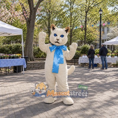 White Cat Mascot Costume with Blue Bow Tie White Cat Mascot Costume with Blue Bow Tie