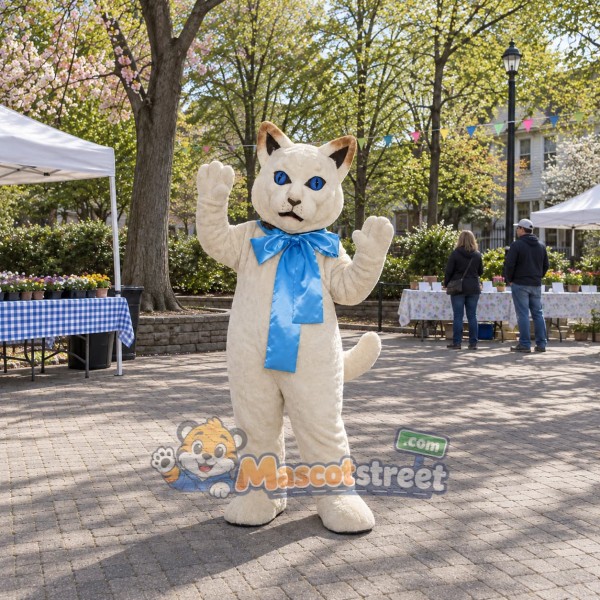 White Cat Mascot Costume with Blue Bow Tie
