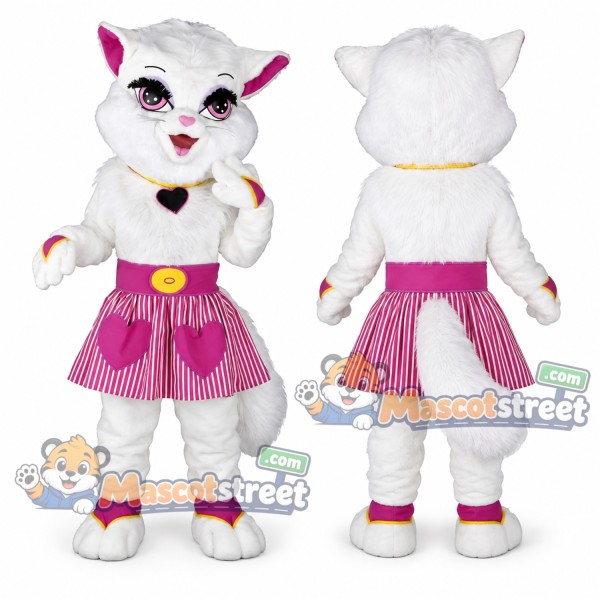 White Cat Mascot Costume with Pink Dress