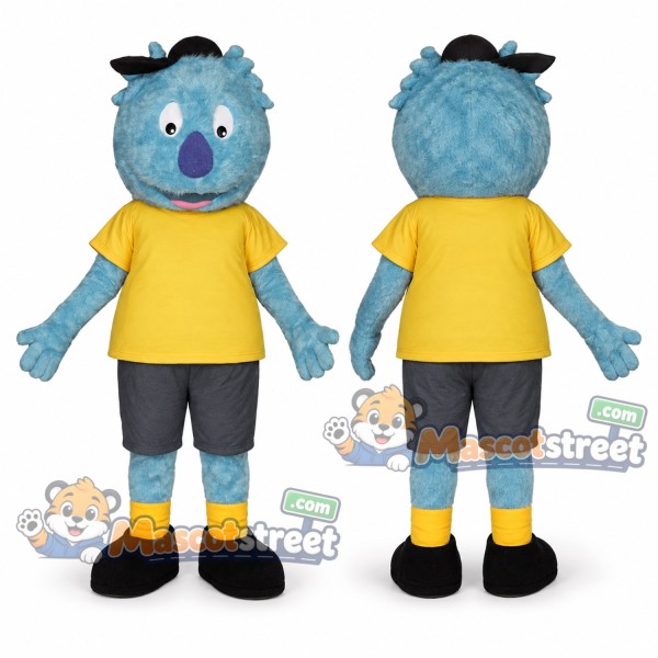 Blue Monster Mascot Costume with Yellow Shirt and Gray Shorts
