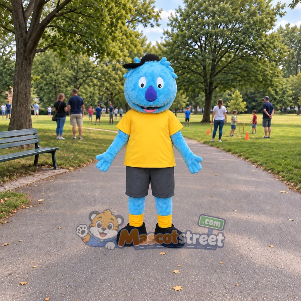 Blue Monster Mascot Costume with Yellow Shirt and Gray Shorts Blue Monster Mascot Costume with Yellow Shirt and Gray Shorts