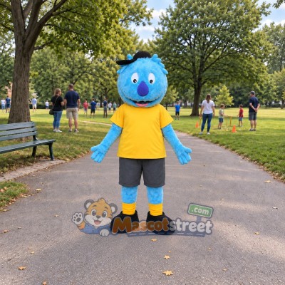 Blue Monster Mascot Costume with Yellow Shirt and Gray Shorts Blue Monster Mascot Costume with Yellow Shirt and Gray Shorts
