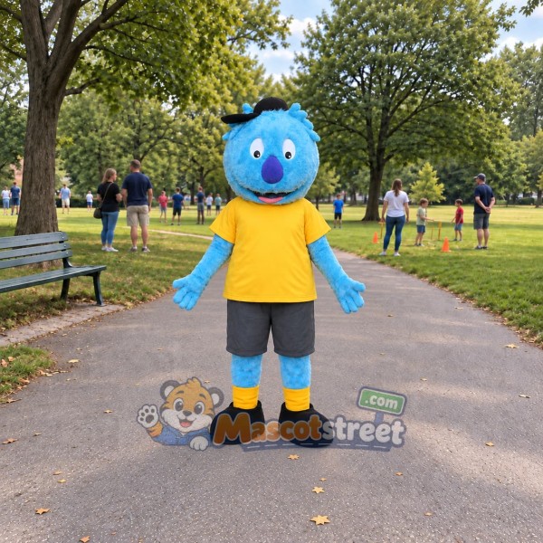 Blue Monster Mascot Costume with Yellow Shirt and Gray Shorts