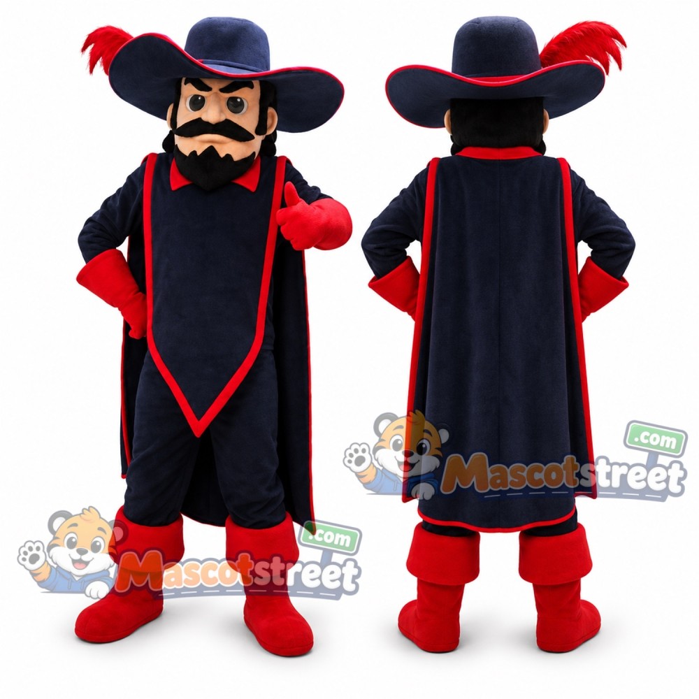 Cavalier Mascot Costume with Black and Red Outfit and Feathered Hat Cavalier Mascot Costume with Black and Red Outfit and Feathered Hat