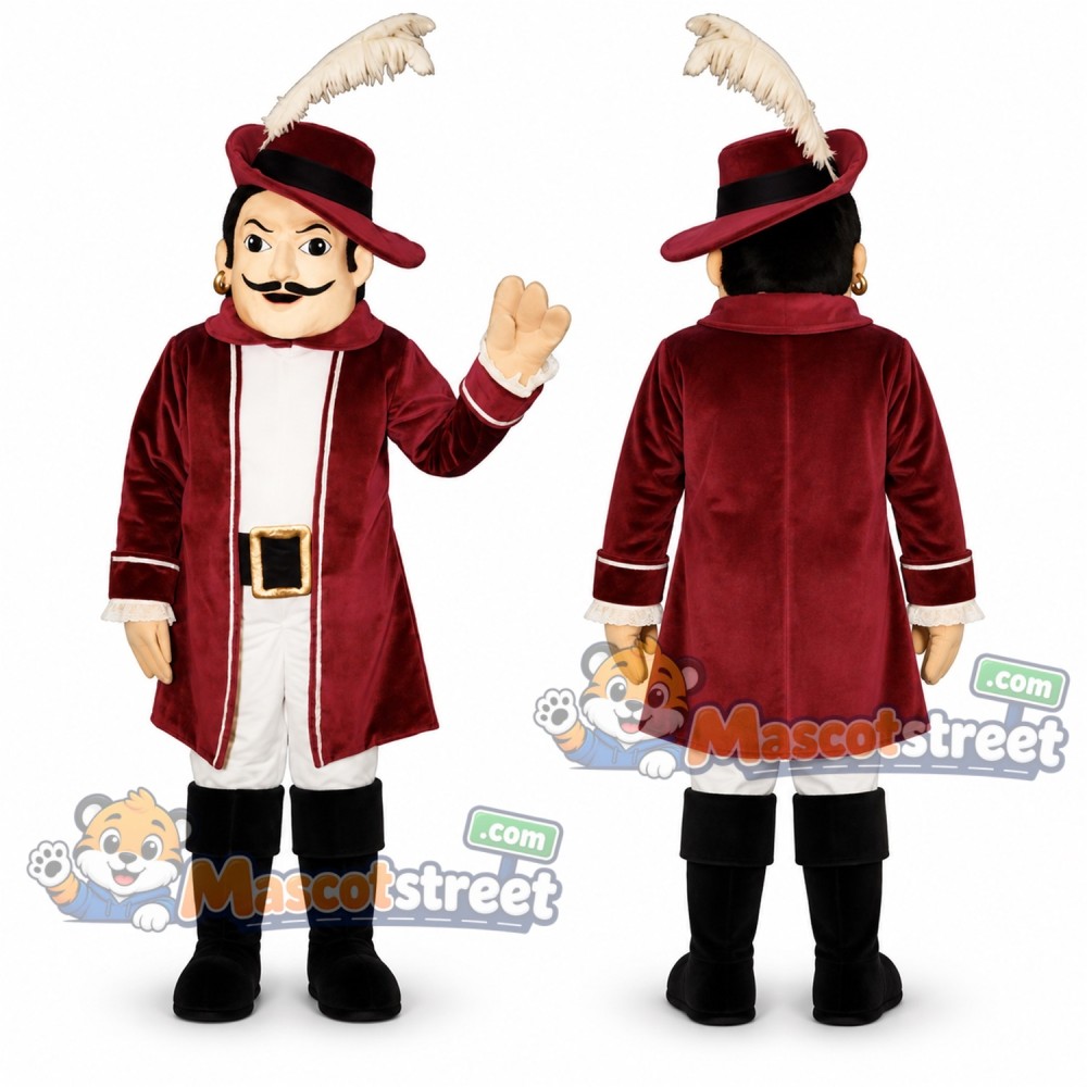 Cavalier Mascot Costume with Burgundy Coat and Feathered Hat Cavalier Mascot Costume with Burgundy Coat and Feathered Hat