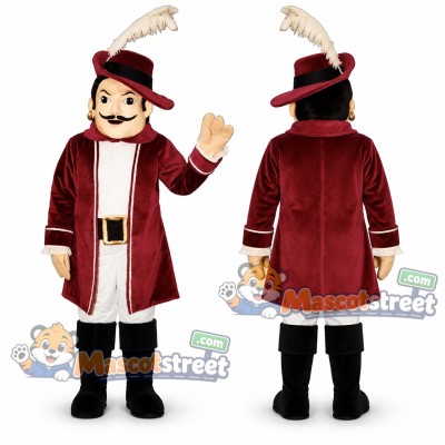 Cavalier Mascot Costume with Burgundy Coat and Feathered Hat Cavalier Mascot Costume with Burgundy Coat and Feathered Hat
