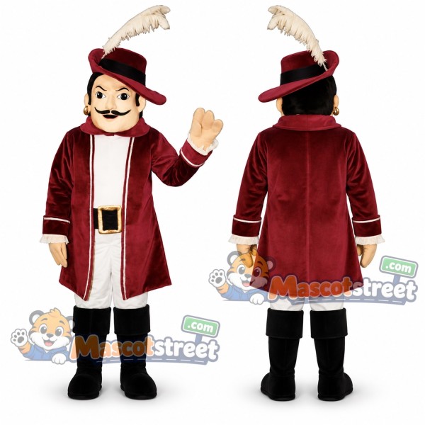 Cavalier Mascot Costume with Burgundy Coat and Feathered Hat