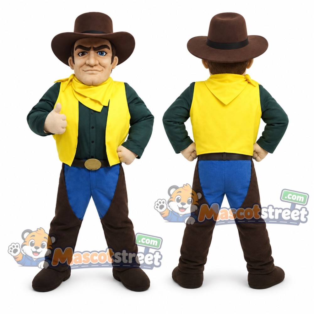 Cowboy Mascot Costume with Yellow Vest, Blue Pants and Brown Hat