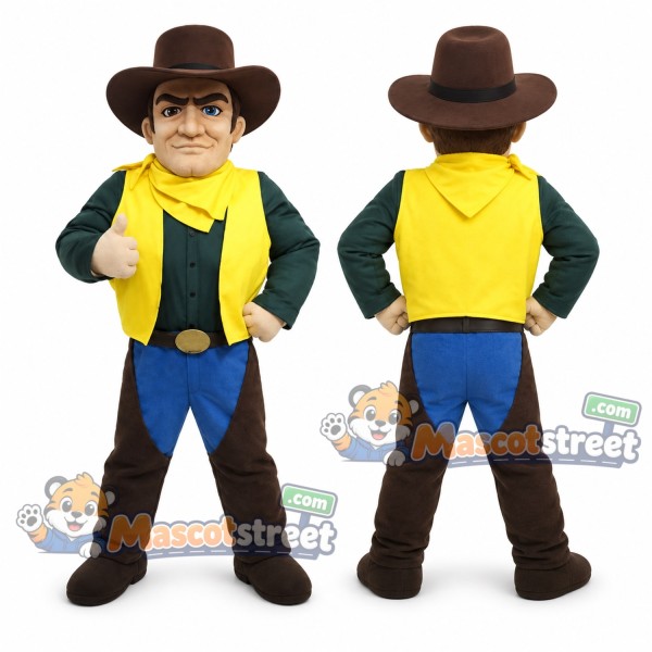 Cowboy Mascot Costume with Yellow Vest, Blue Pants and Brown Hat