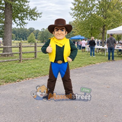 Cowboy Mascot Costume with Yellow Vest, Blue Pants and Brown Hat