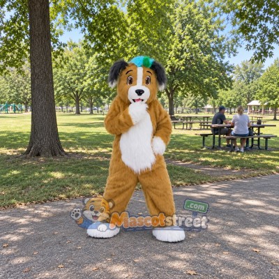 Tan Dog Mascot Costume with Green Hair Bows
