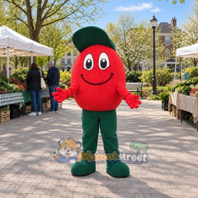 Red Tomato Mascot Costume with Green Pants and Cap Red Tomato Mascot Costume with Green Pants and Cap