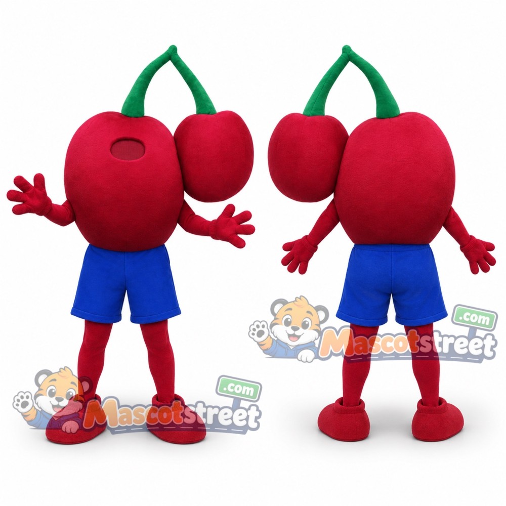 Cherries Mascot Costume with Blue Shorts Cherries Mascot Costume with Blue Shorts