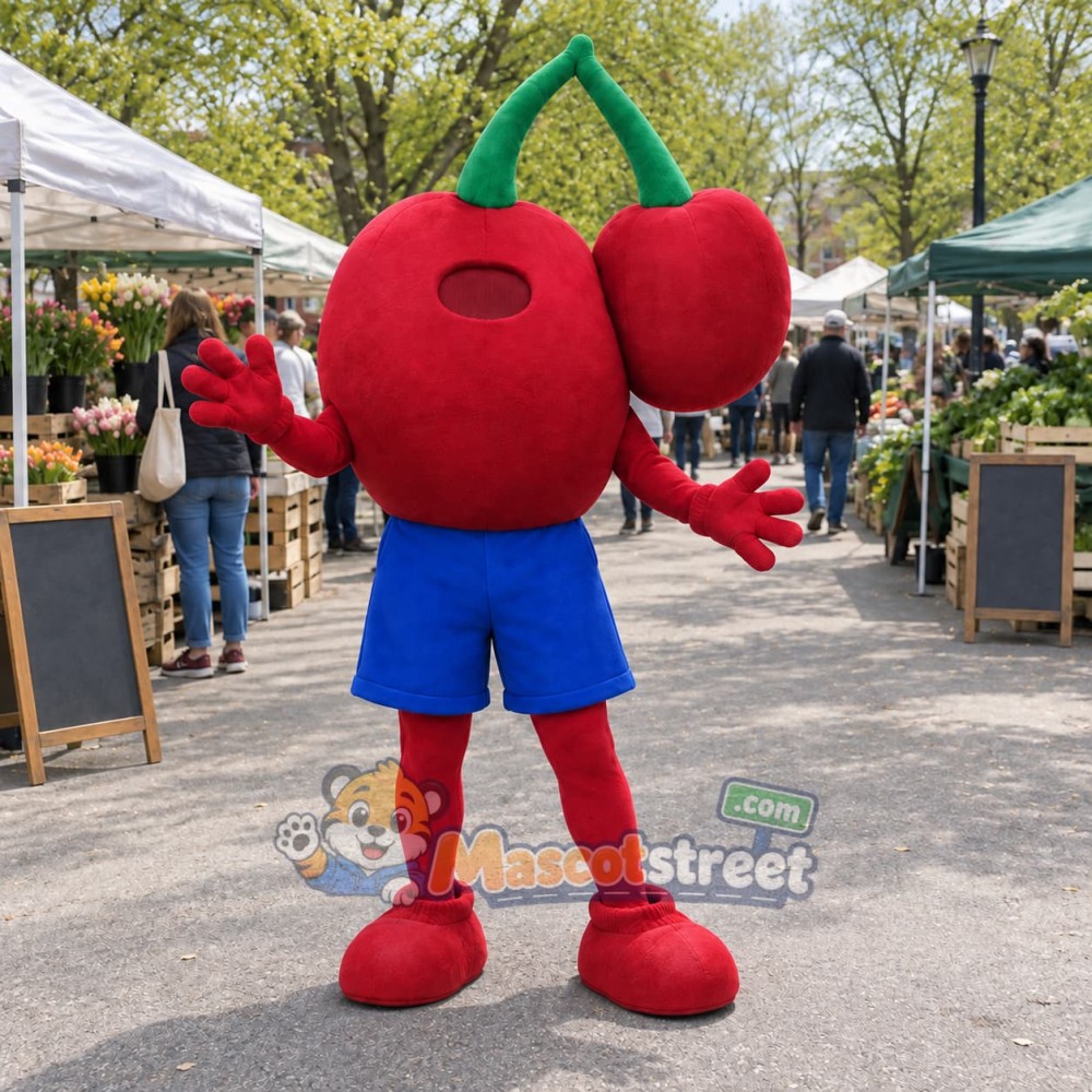 Cherries Mascot Costume with Blue Shorts Cherries Mascot Costume with Blue Shorts