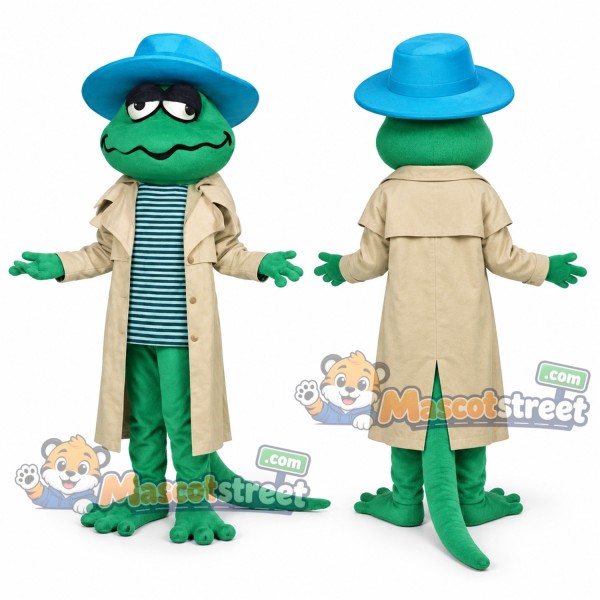 Green Gecko Mascot Costume with Tan Coat and Blue Hat